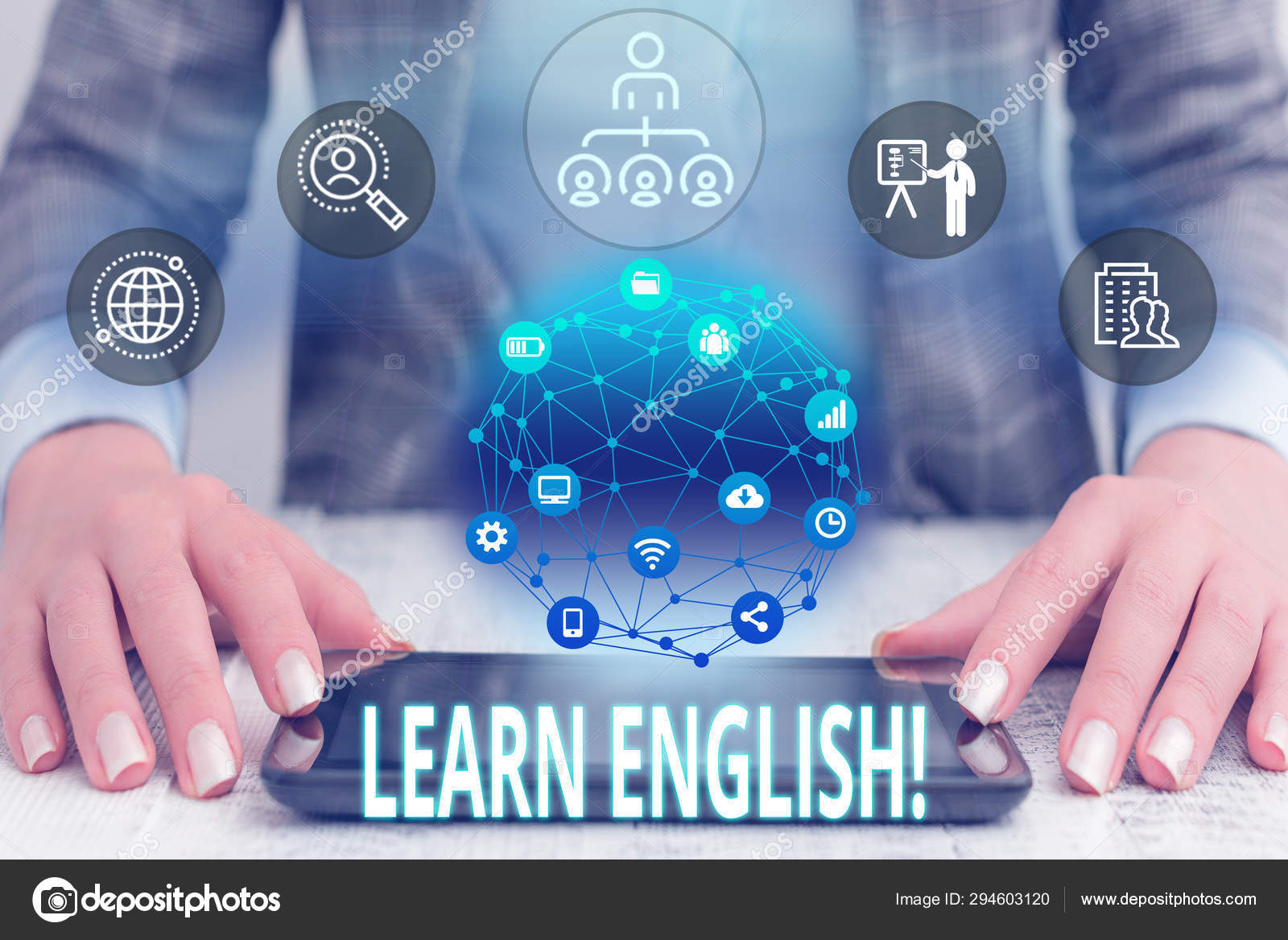 Conceptual Hand Writing Showing Learn English Business Photo Text Gain Acquire Knowledge In New Language By Study Female Human Wear Formal Work Suit Presenting Smart Device Stock Photo By C Artursz