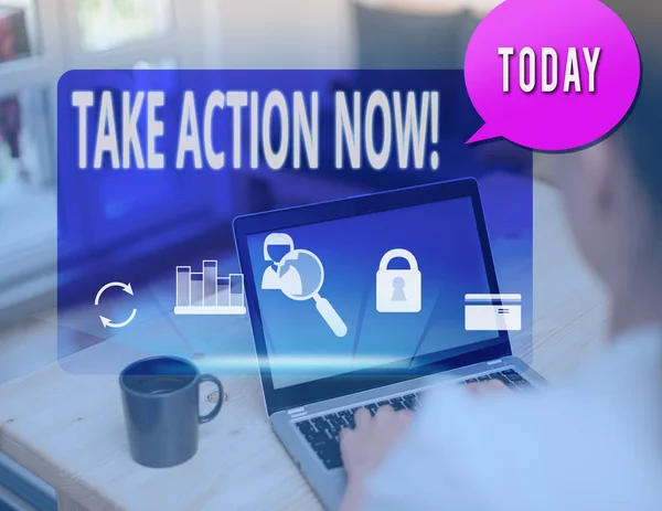 Signo de texto que muestra Take Action Now. Foto conceptual hacer algo oficial o concertado lograr el objetivo con el problema . — Foto de Stock