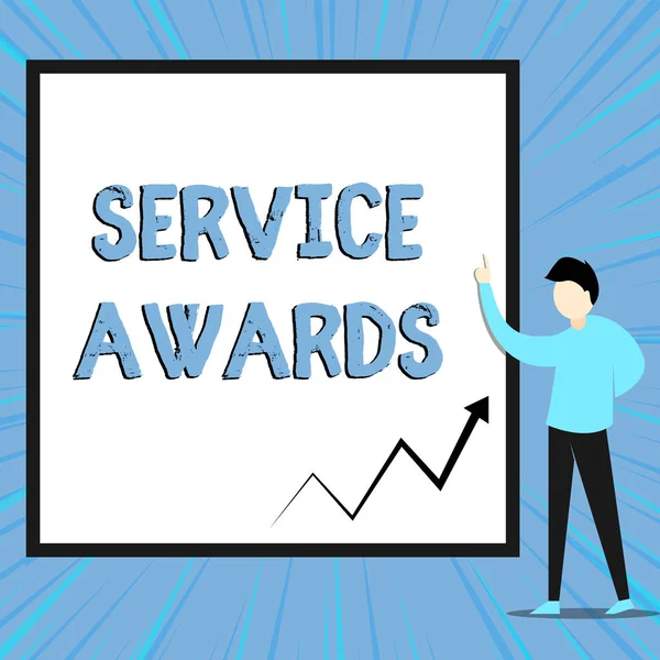 Word writing text Service Awards. Business concept for Recognizing an employee for his or her longevity or tenure View young man standing pointing up blank rectangle Geometric background.