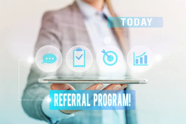 Conceptual hand writing showing Referral Program. Business photo text internal recruitment method employed by organizations. — Stock Photo, Image