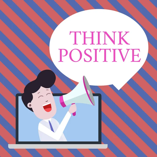 Handgeschreven tekst schrijven denk positief. Concept betekent de neiging om positief of optimistisch te zijn in houding man spreken via laptop in Loudhailer lege toespraak bubble kondigen. — Stockfoto