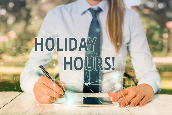 Conceptual hand writing showing Holiday Hours. Business photo showcasing Overtime work on for employees under flexible work schedules.
