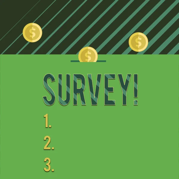 Text sign showing Survey. Conceptual photo research method used for collecting data from a predefined group Three gold spherical coins value thousand dollars one bounce to piggy bank.