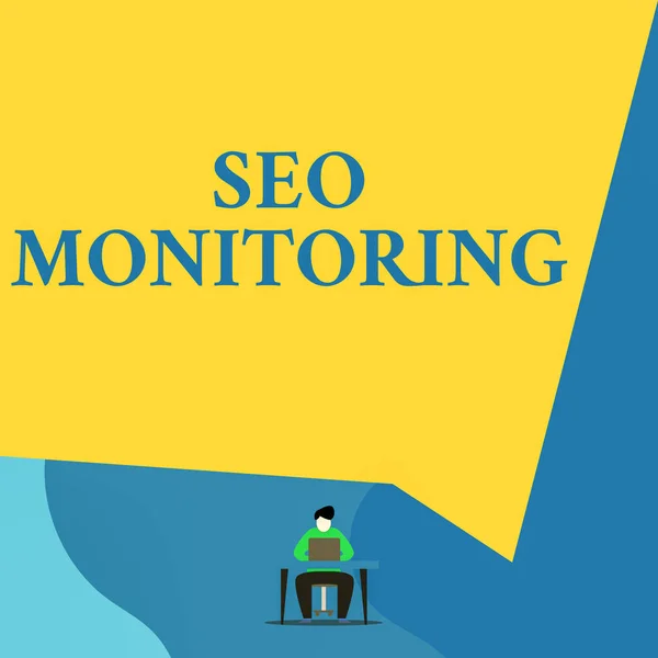 Nota de escritura que muestra Seo Monitoring. Muestra de fotos de negocios Seguimiento del progreso de la estrategia realizada en la plataforma Joven sentado escritorio de la silla trabajando fondo geométrico portátil abierto . — Foto de Stock