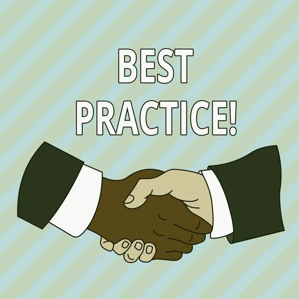 Handwriting text Best Practice. Concept meaning commercial procedures that are accepted prescribed being correct Hand Shake Multiracial Male Business Partners Colleagues Formal Shirt Suit.