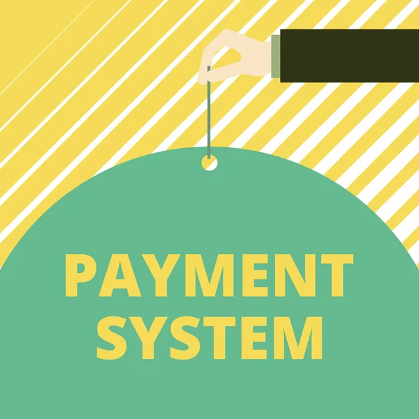 Text sign showing Payment System. Conceptual photo Compensation Scheme Method used in paying goods and services Man hand hold big half round paper tie string with thumb and index finger. — Stock Photo, Image