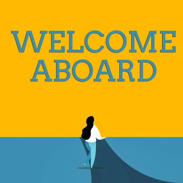Conceptual hand writing showing Welcome Aboard. Business photo text Expression of greetings to a demonstrating whose arrived is desired Back view young long hair woman holding blank square