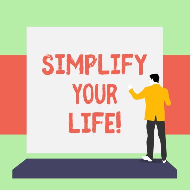 El yazısı metin yazma Hayatınızı Basitleştirin. Kavram anlamı önemli odaklı ve başkasının daha az olanlar hakkında endişelenmesine izin Geri görünüm genç adam boş dikdörtgen bakan platform ayakta takım elbise giymiş.