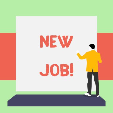 Yeni İş yazma metin yazma. Kavram son zamanlarda düzenli istihdam pozisyon ödenen sahip Geri görünüm genç adam boş dikdörtgen bakan platform ayakta takım elbise giymiş.