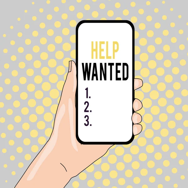 Conceptual hand writing showing Help Wanted. Business photo text An ad in the paper an employer places to find a new employee Closeup of Smartphone Device Held in Hand and Text Space.