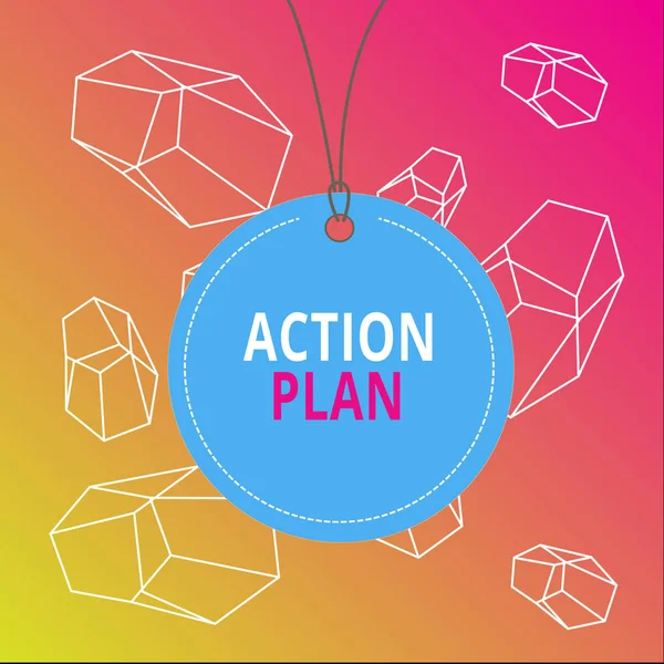 Word writing text Action Plan. Business concept for detailed plan outlining actions needed to reach goals or vision Badge circle label string rounded empty tag colorful background small shape.