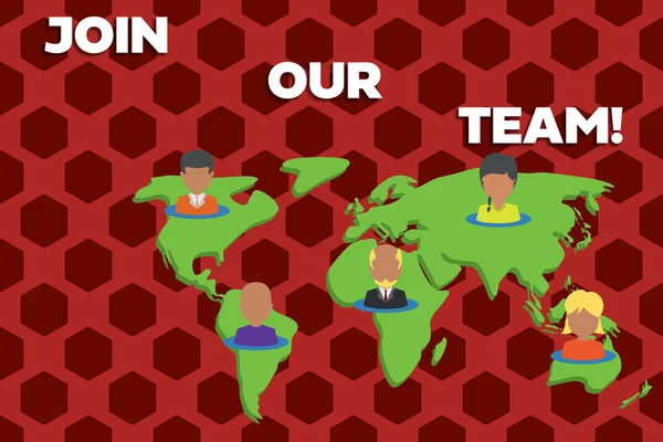 Присоединяйтесь к нашей команде. Концепция означает пригласить кого-то работать вместе для конкретной цели Connection мультиэтнических лиц во всем мире. Глобальная бизнес-карта Земли . — стоковое фото