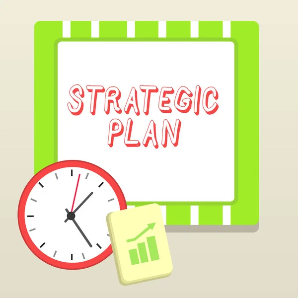 Handwriting text writing Strategic Plan. Concept meaning a systematic process of envisioning a desired future Layout Wall Clock Notepad with Escalating Bar Graph and Arrow Pointing Up.