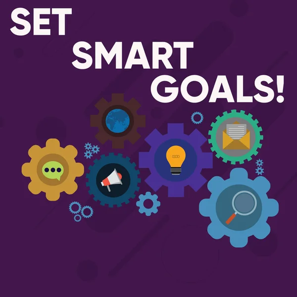 Handwriting text writing Set Smart Goals. Concept meaning list to clarify your ideas focus efforts use time wisely Set of Global Online Social Networking Icons Inside Colorful Cog Wheel Gear.