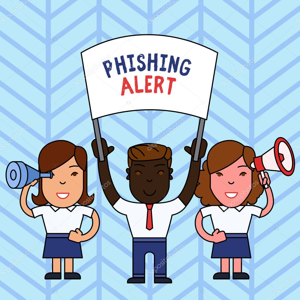 Writing note showing Phishing Alert. Business photo showcasing aware to fraudulent attempt to obtain sensitive information People with Banner, Megaphone and Spy Glass Demonstration.
