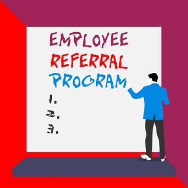 Kelime yazma metni Çalışan Tavsiye Programı. Çalışanlar için iş konsepti boş dikdörtgen bakan takım elbise li genç adam giyinmiş acemi tanıtmak için ödüllendirilir.