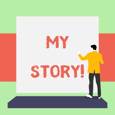 My Story yazma metin. Kavram geçmiş yaşam olaylar eylemleri veya seçimler yaptığınız anlamı Geri görünüm genç adam takım elbise li platform boş dikdörtgen bakan giyinmiş.