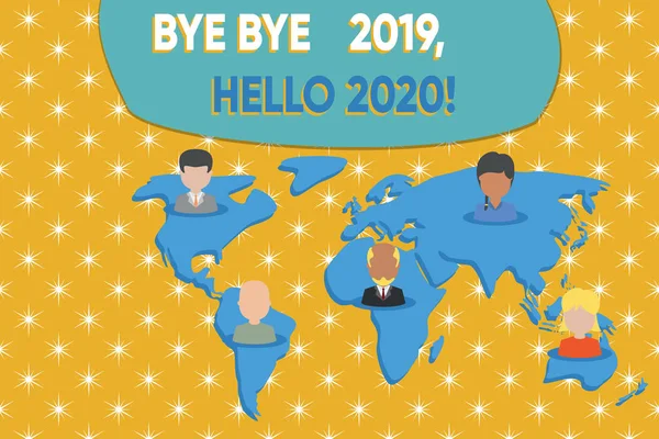 Запис Примітка з відображенням побачення 2019 Hello 2020. Бізнес-фото демонстрації попрощатися з минулим роком і вітаючи ще один хороший зв'язок багатоетнічних осіб всі глобальні бізнес-карта землі. — стокове фото