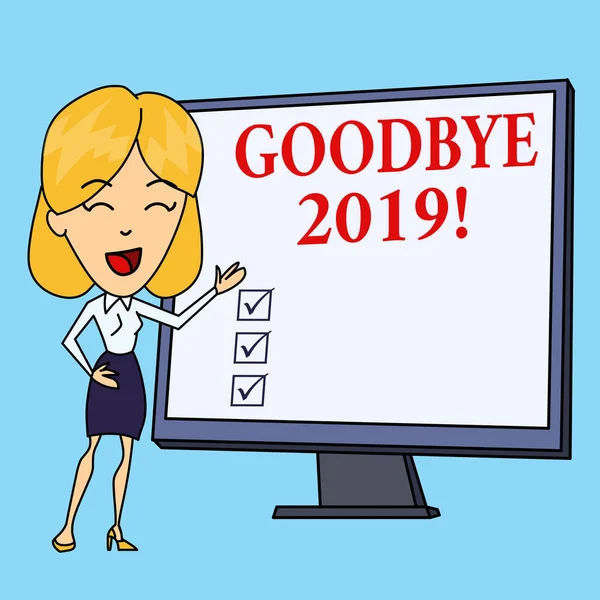 Writing note showing Goodbye 2019. Business photo showcasing express good wishes when parting or at the end of last year White Female in Standing Pointing Blank Screen Whiteboard Presentation.