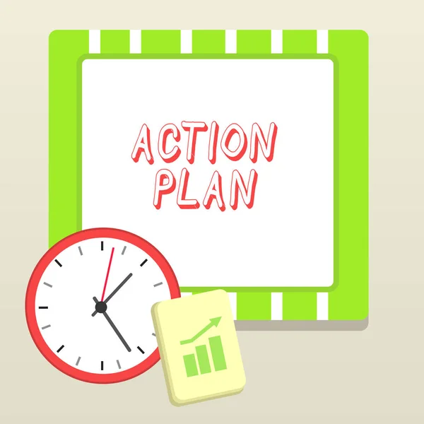 Handwriting text writing Action Plan. Concept meaning detailed plan outlining actions needed to reach goals or vision Layout Wall Clock Notepad with Escalating Bar Graph and Arrow Pointing Up.