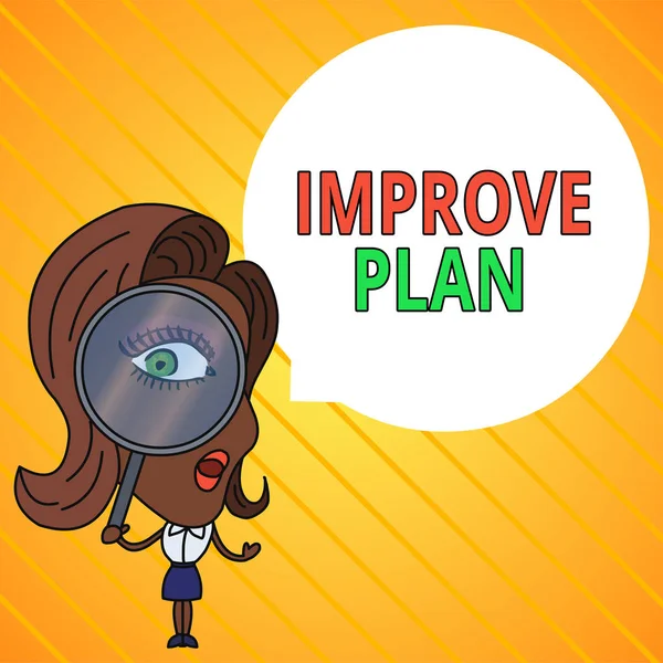 Text sign showing Improve Productivity. Conceptual photo to increase the machine and process efficiency Woman Looking Trough Magnifying Glass Big Eye Blank Round Speech Bubble.