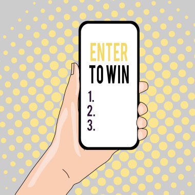 Enter To Win'i gösteren kavramsal el yazısı. İş fotoğrafı metin ödül veya El ve Metin Alanı Düzenlenen Smartphone Device Closeup kazanma şansı için bir değer alışverişi.