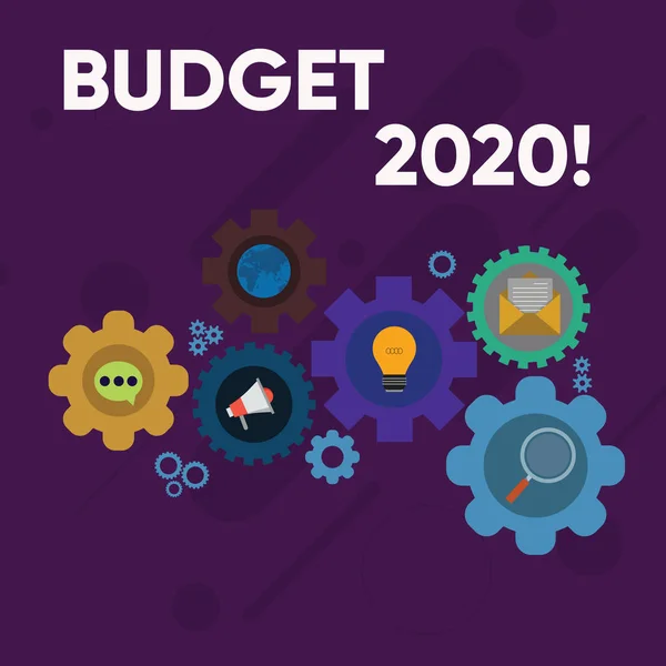 Handwriting text writing Budget 2020. Concept meaning estimate of income and expenditure for next or current year Set of Global Online Social Networking Icons Inside Colorful Cog Wheel Gear. — Stock Photo, Image