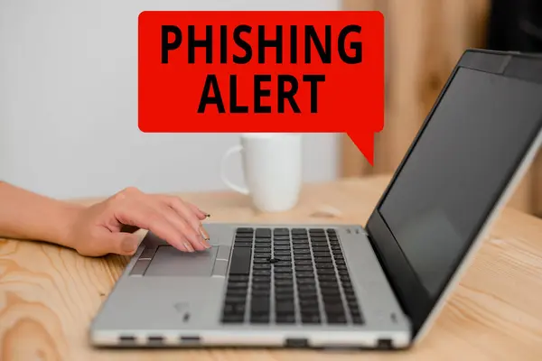 Textzeichen mit Phishing-Alarm. konzeptionelle Foto bewusst zu betrügerischen Versuch, sensible Informationen zu erhalten Frau Laptop Computer Smartphone Becher Büro liefert technologische Geräte. — Stockfoto