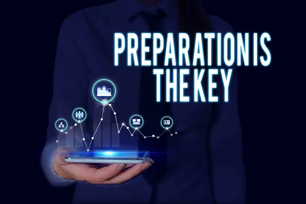 Text sign showing Preparation Is The Key. Conceptual photo it reduces errors and shortens the activities Woman wear formal work suit presenting presentation using smart device.