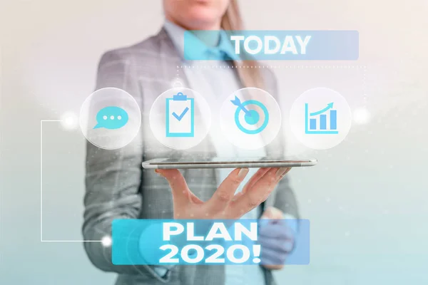 A 2020 tervet bemutató írásjegyzet. Üzleti fotó bemutató részletes javaslatot csinál elérése valami jövőre nő emberi kopás hivatalos munkaruha bemutató intelligens készülék. — Stock Fotó