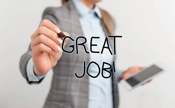 Text sign showing Great Job. Conceptual photo used praising someone for something they have done very well Business woman pointing in empty space with pen and mobile phone.