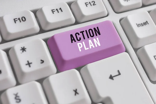 Word writing text Action Plan. Business concept for detailed plan outlining actions needed to reach goals or vision White pc keyboard with empty note paper above white background key copy space.