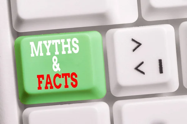 Word writing text Myths And Facts. Business concept for usually traditional story of ostensibly historical events White pc keyboard with empty note paper above white background key copy space. — Stock Photo, Image