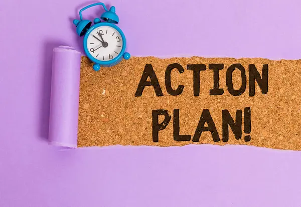 Nota escrita que muestra el Plan de Acción. Foto de negocios mostrando la estrategia propuesta o el curso de las acciones durante cierto tiempo . — Foto de Stock