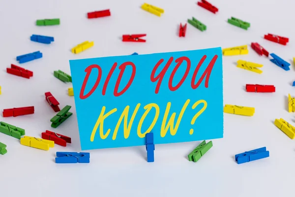 Text sign showing Did You Know Question. Conceptual photo when you are asking someone if they know fact or event Colored clothespin papers empty reminder white floor background office.