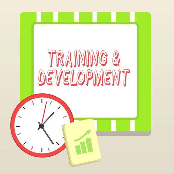 Handwriting text writing Training And Development. Concept meaning learn specific knowledge to improve perforanalysisce Layout Wall Clock Notepad with Escalating Bar Graph and Arrow Pointing Up. — Stock Photo, Image