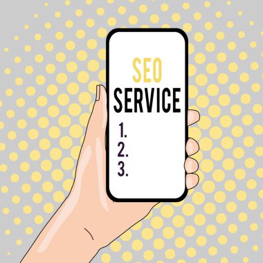 Seo Servisi'ni gösteren kavramsal el yazısı. İş fotoğraf metin teknikleri ve prosedürleri El ve Metin Alanı Düzenlenen Akıllı Telefon Cihazı closeup web sitesi görünürlüğünü artırmak için.