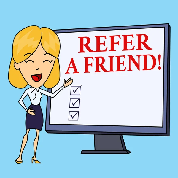 Writing note showing Refer A Friend. Business photo showcasing direct someone to another or send him something like gift White Female in Standing Pointing Blank Screen Whiteboard Presentation. — Stock Photo, Image