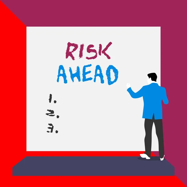 Word writing text Risk Ahead. Business concept for A probability or threat of damage, injury, liability, loss Back view young man dressed suit standing platform facing blank rectangle. — Stock Photo, Image