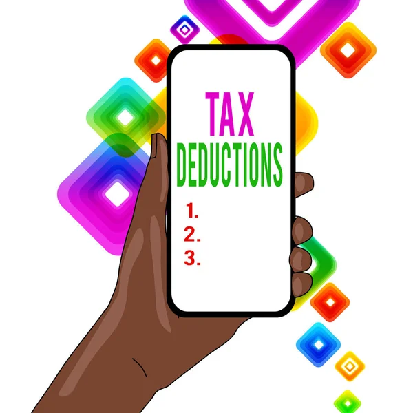 Skriv notering som visar skatteavdrag. Affärs foto visar upp en summa eller kostnad som subtradieras från någon s är inkomst närbild av smartphone-enhet hålls i hand och text utrymme. — Stockfoto