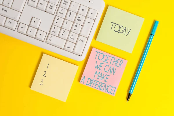 Text sign showing Together We Can Make A Difference. Conceptual photo be very important some way in like team or group Empty papers with copy space on the yellow background table. — Stock Photo, Image