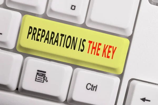 Text sign showing Preparation Is The Key. Conceptual photo it reduces errors and shortens the activities White pc keyboard with empty note paper above white background key copy space.