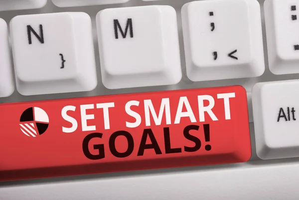 Word writing text Set Smart Goals. Business concept for list to clarify your ideas focus efforts use time wisely White pc keyboard with empty note paper above white background key copy space.