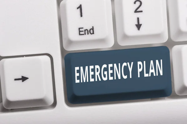 Writing note showing Emergency Plan. Business photo showcasing procedures for handling sudden or unexpected situations White pc keyboard with note paper above the white background. — Stock Photo, Image