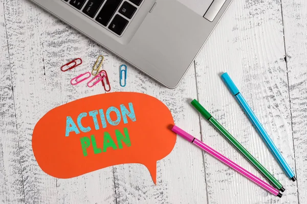 Handwriting text Action Plan. Concept meaning detailed plan outlining actions needed to reach goals or vision Trendy metallic laptop speech bubble colored clips pens lying vintage table.
