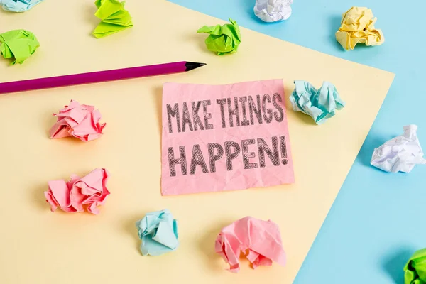 Conceptual hand writing showing Make Things Happen. Business photo text you will have to make hard efforts in order to achieve it Colored crumpled papers empty reminder blue yellow clothespin. — Stock Photo, Image
