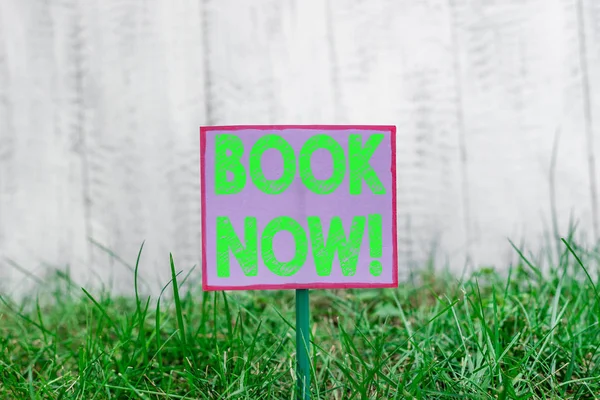 Signo de texto que muestra Book Now. Foto conceptual garantizada para tener lugar porque ya lo ha comprado Papel vacío liso pegado a un palo y colocado en la tierra herbácea verde . — Foto de Stock