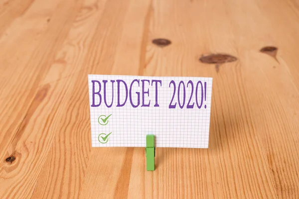 Schreiben Notiz mit Haushaltsplan 2020. Business-Foto präsentiert Schätzung der Einnahmen und Ausgaben für das nächste oder aktuelle Jahr Holzboden Hintergrund grüne Wäscheklammer Nut Schlitz Büro. — Stockfoto