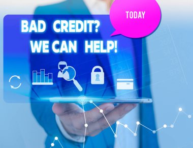 Text sign showing Bad Credit Question We Can Help. Conceptual photo offering help after going for loan then rejected man icons smartphone speech bubble office supplies technological device. clipart