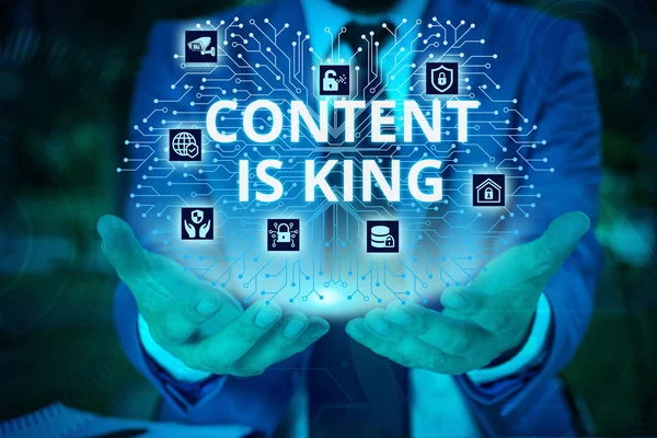 Kelime yazma metni İçerik Kral. İçerik akıllı cihaz kullanarak sunum sunan bir web sitesi Erkek giyim resmi iş elbisesi başarısı için merkezi olduğuna inanmak için İş kavramı.